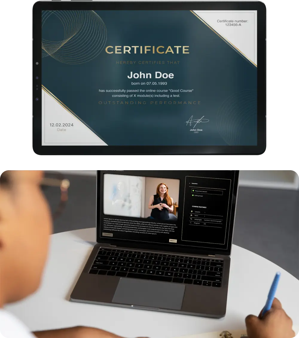 certificate and course example for e-learning project